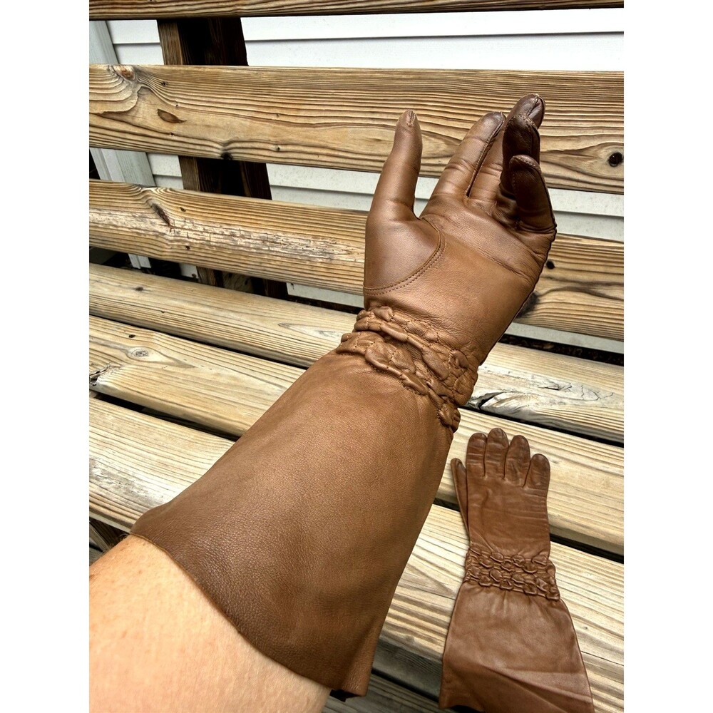 ESTATE VTG Leather Designer Gloves Marcel Wagner Originals 14" BROWN Italy Smock